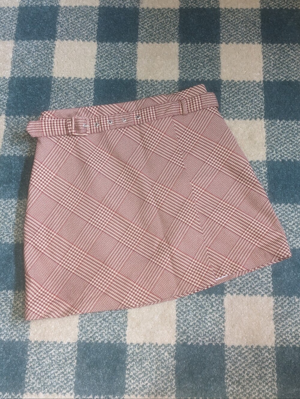 H&M Adorable Faux Wrap Plaid Herringbone Houndstooth Oxblood/Tan Mini Skirt Sz M